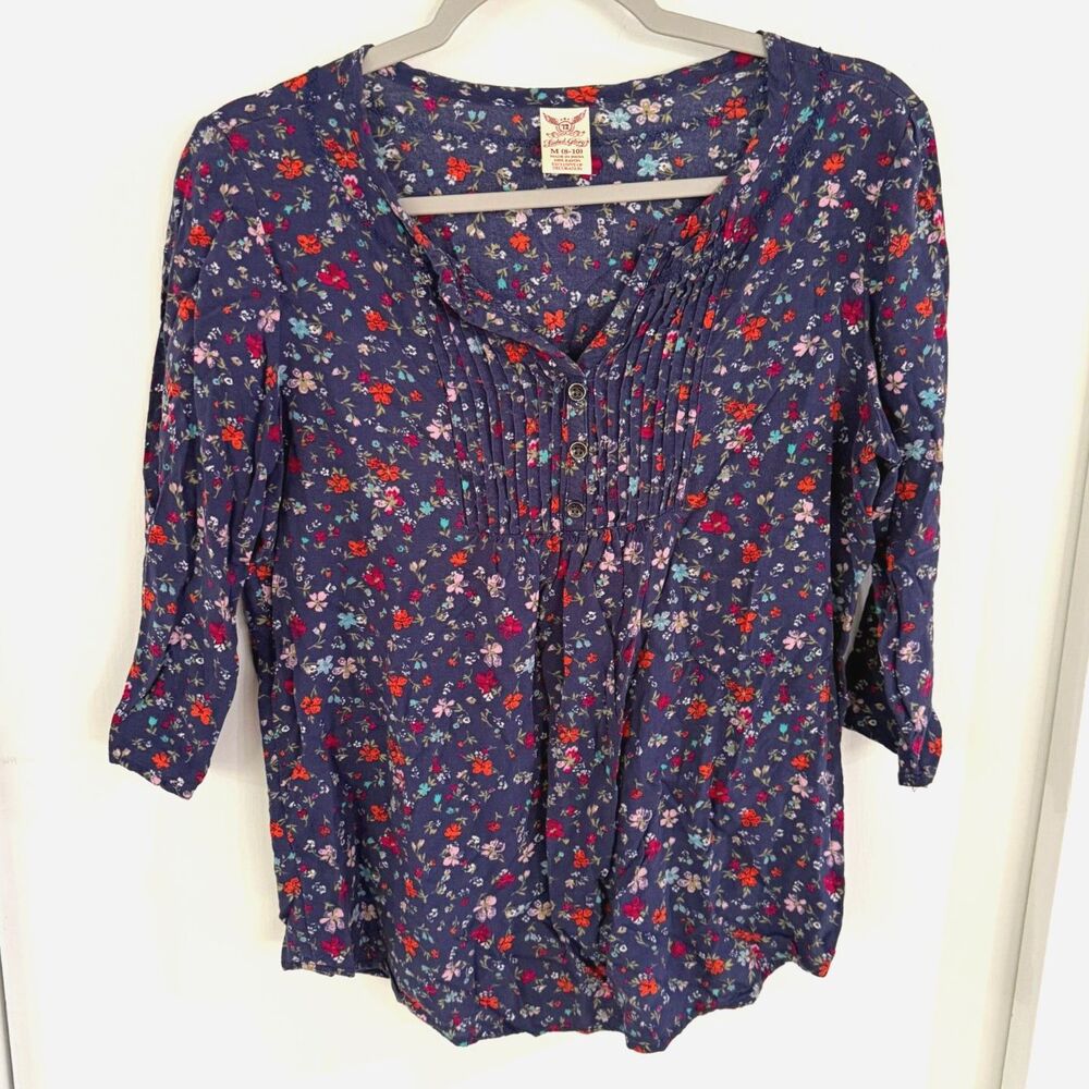 Faded Glory Women's Pleated Blue Floral Wildflower Print Blouse V-Neck Size M